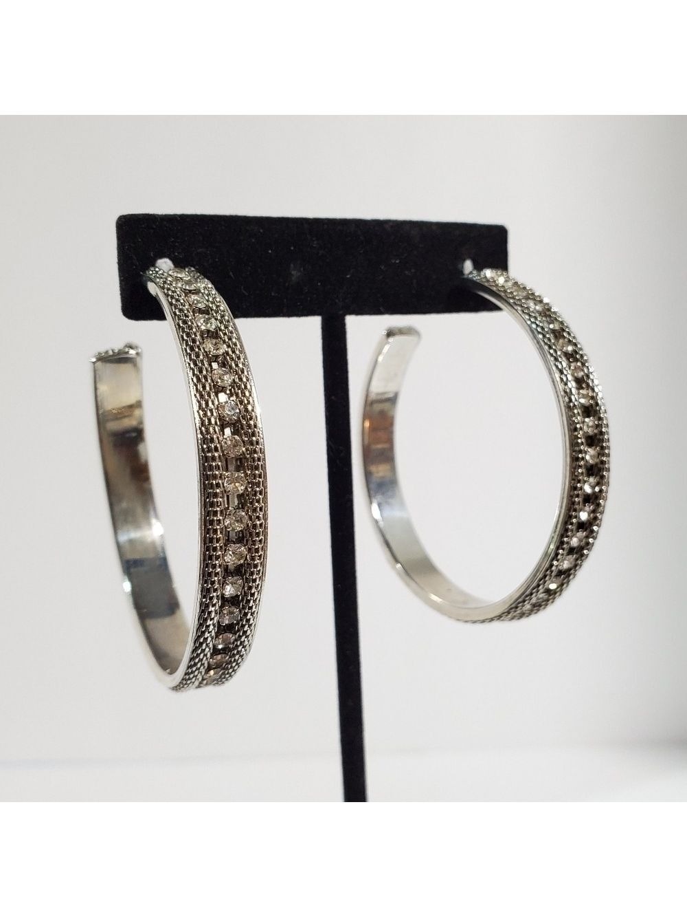 Silvertone large mesh and rhinestones inlay hoop bangle earrings 2"